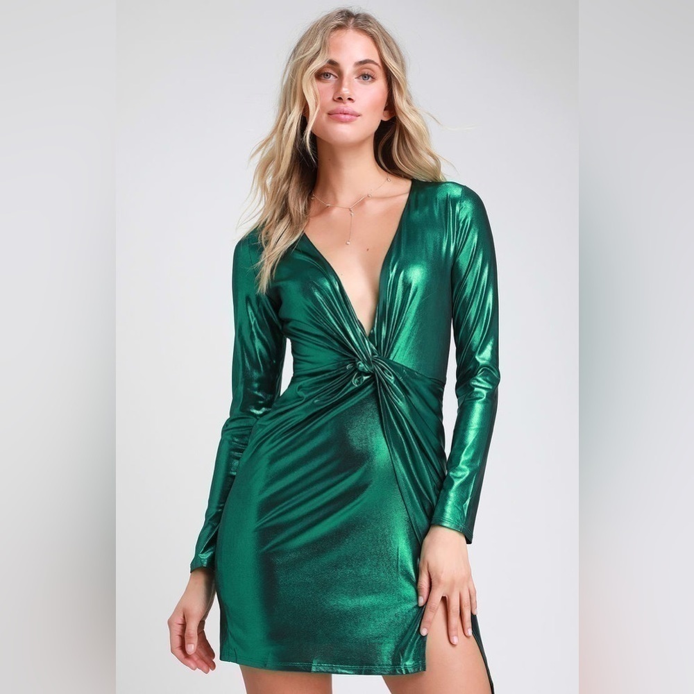 LULUS Glow Like Me Teal Green Metallic Twist-Front Long Sleeve‎ Dress Size Small